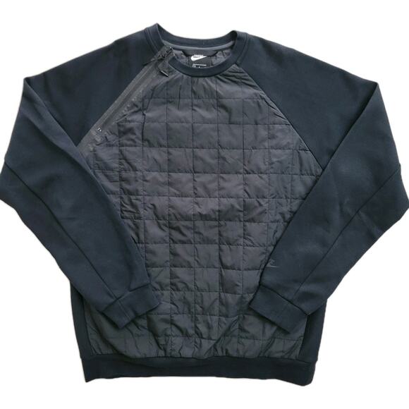 Nike Tech Quilted Sweatshirt Mens Medium Side Zip Black Performance Hybrid Crew - Picture 1 of 11